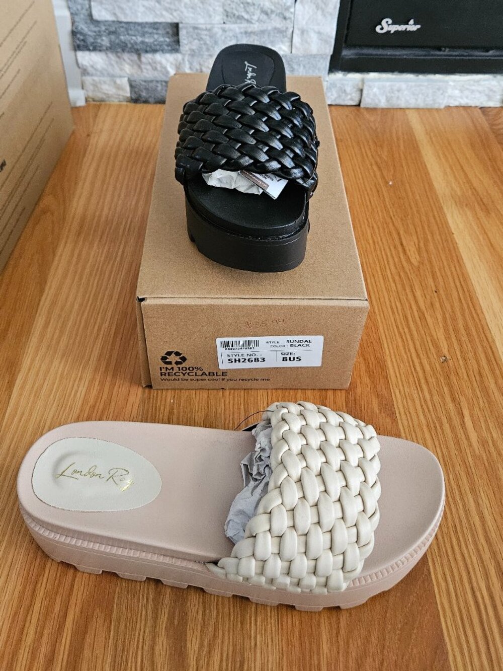 London Rag Sundae Beige Woven Platform Slide Sandals